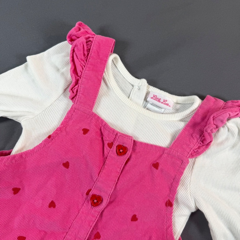 Little Lass Girls Pink Corduroy Heart Jumper and White Ribbed Top Set Size 6